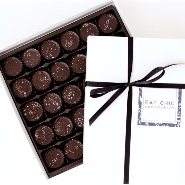 Eat Chic Chocolates - Pastry Box of 30 Signature Dark Chocolate Almond Butter Cups with Maldon Sea Salt