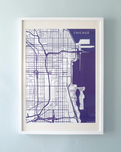 The Harbinger Co. Blue Silk-Screen Printed Map of Chicago