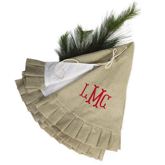 Monogrammed Jute Pleated Ruffle Christmas Tree Skirt