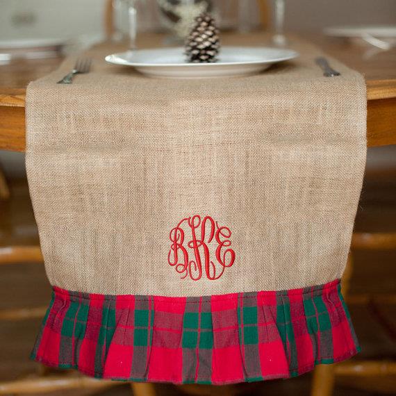 Monogrammed Burlap and Plaid Personalized  Christmas Table Runner