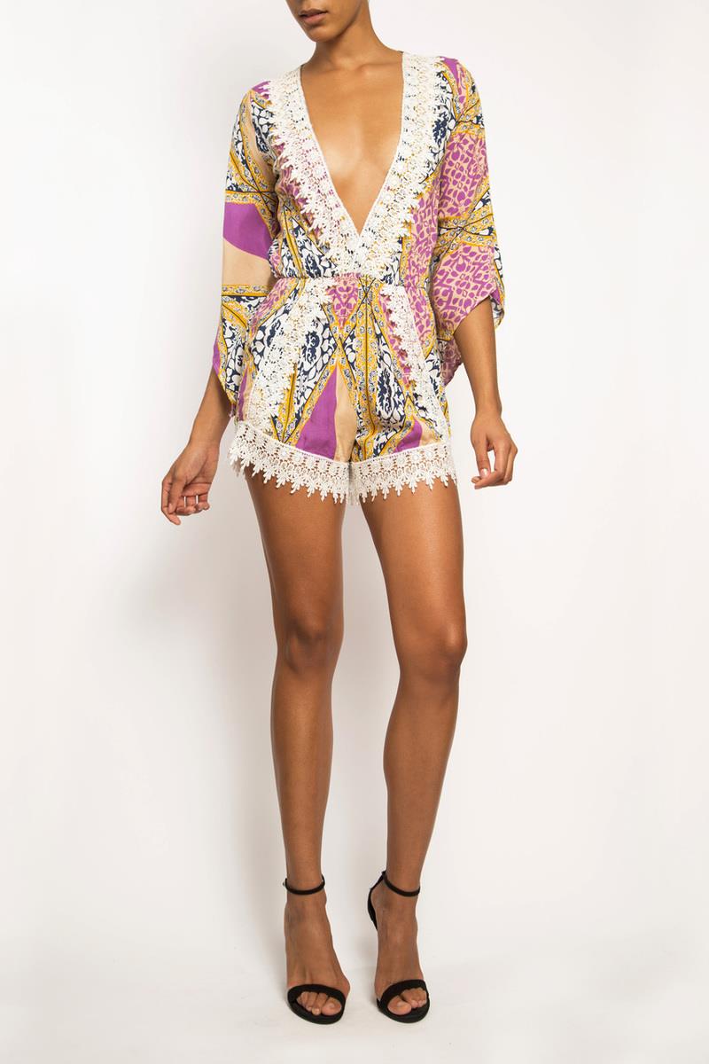 Zoe, Printed Cotton Playsuit Romper w/ Plunge Neck