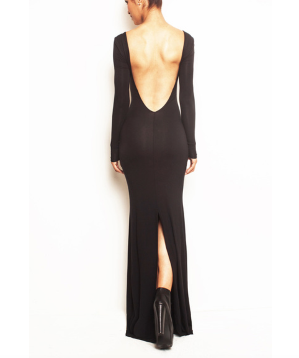 Viv, Backless Rear Slit Long Sleeve Dress Black