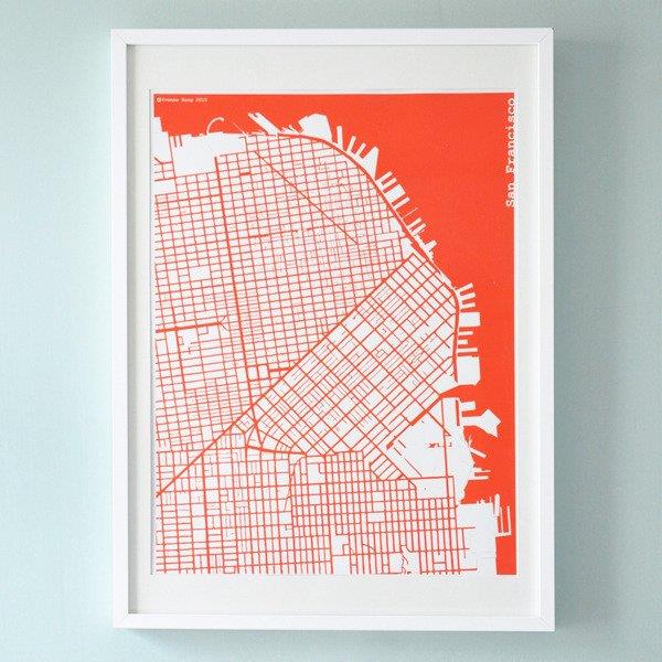 The Harbinger Co. Red Silk-Screen Printed Map of San Francisco